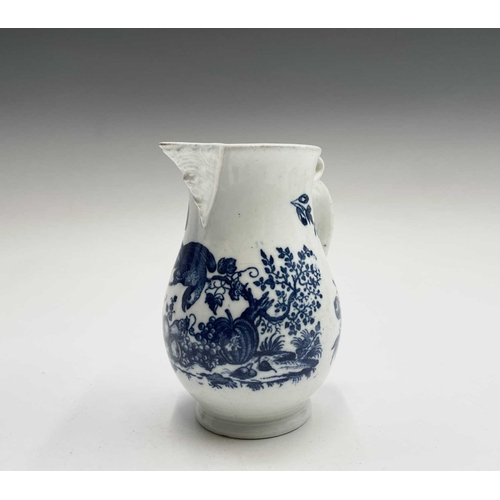 800 - A Worcester blue and white jug, circa 1780, printed in blue with the parrot pecking fruit pattern, w... 