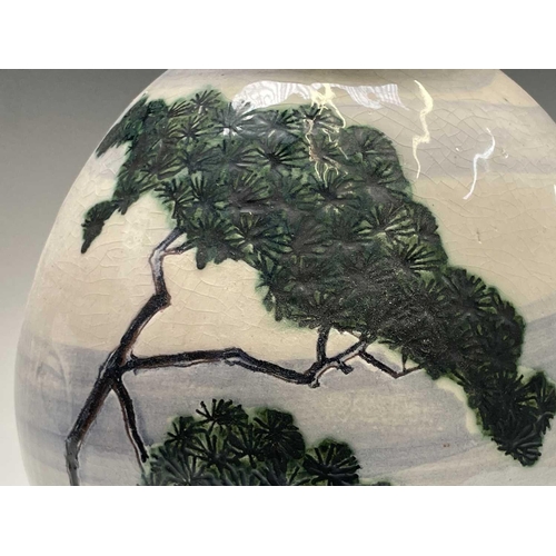 807 - Alan Brough, A studio pottery vase, incised and painted with a pine tree and a fruiting tree, on a b... 