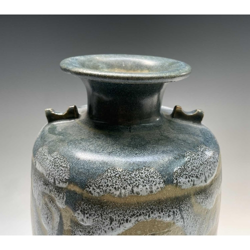 808 - Alan Brough, A slender studio pottery stoneware vase, with twin lug handles and with geometric motif... 