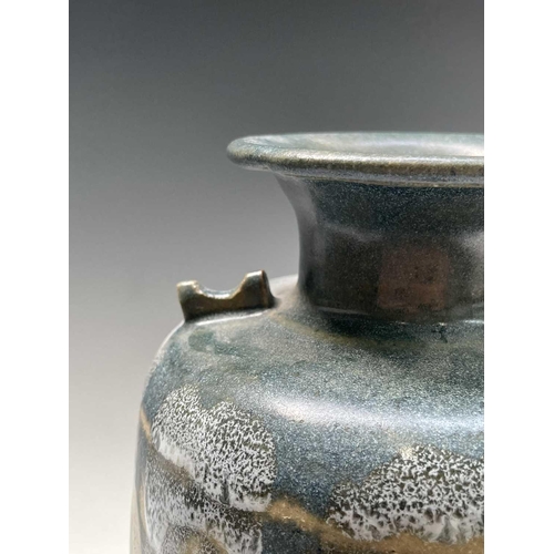 808 - Alan Brough, A slender studio pottery stoneware vase, with twin lug handles and with geometric motif... 