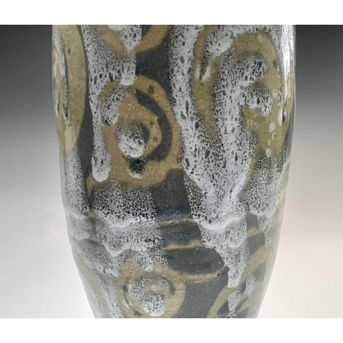 808 - Alan Brough, A slender studio pottery stoneware vase, with twin lug handles and with geometric motif... 