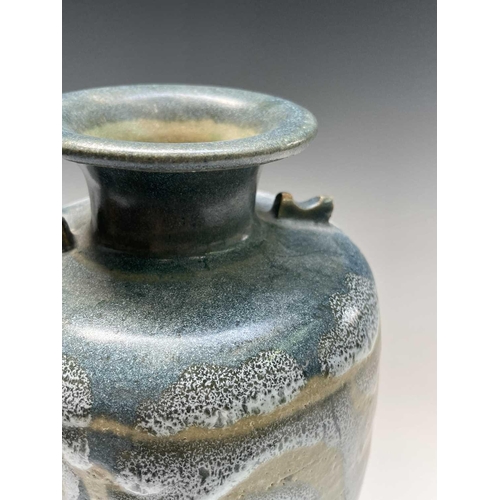 808 - Alan Brough, A slender studio pottery stoneware vase, with twin lug handles and with geometric motif... 