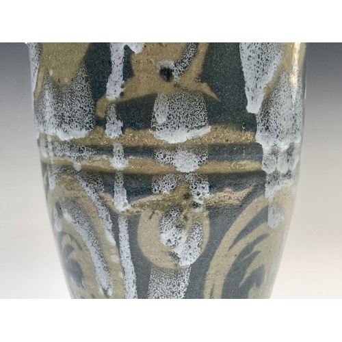 808 - Alan Brough, A slender studio pottery stoneware vase, with twin lug handles and with geometric motif... 