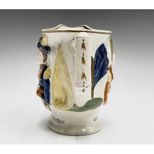 813 - A 19th century Staffordshire pottery jug, modelled in relief with the portraits of Lord Wellington a... 