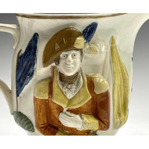 813 - A 19th century Staffordshire pottery jug, modelled in relief with the portraits of Lord Wellington a... 