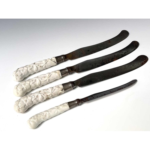 816 - Three Chelsea prunus moulded blanc de chine pistol grip knives, length 28cm, together with one other... 