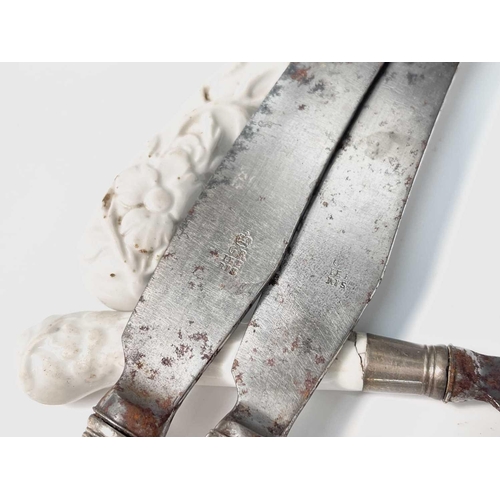 816 - Three Chelsea prunus moulded blanc de chine pistol grip knives, length 28cm, together with one other... 