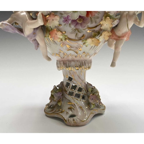 818 - An early 20th century Dresden porcelain twin handled pot pourri vase and cover, the central printed ... 