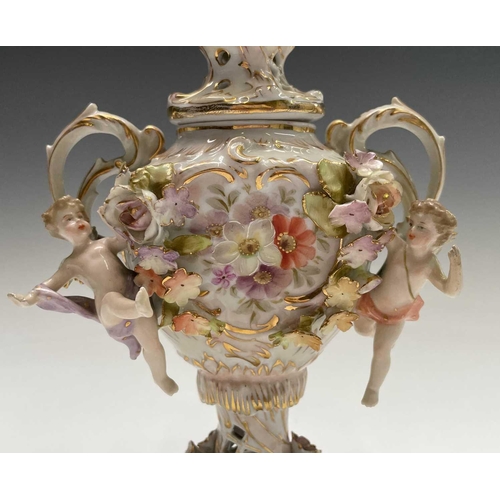 818 - An early 20th century Dresden porcelain twin handled pot pourri vase and cover, the central printed ... 