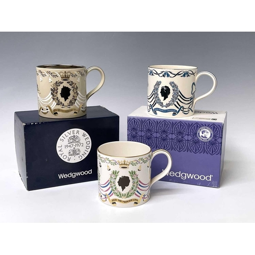 828 - Three Wedgwood commemorative mugs designed Richard Guyatt to include the Royal Silver Wedding 1947-1... 