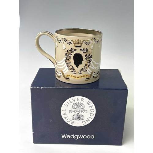 828 - Three Wedgwood commemorative mugs designed Richard Guyatt to include the Royal Silver Wedding 1947-1... 