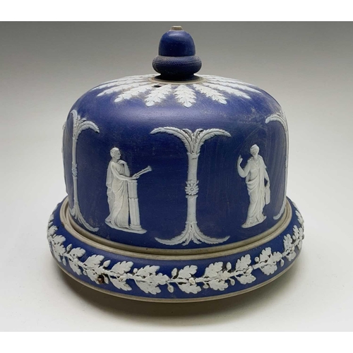 839 - A Jasperware cheese dome and stand, decorated with classical figures and palm trees, height 18cm, to... 