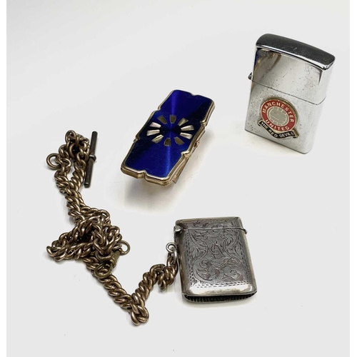 84 - A small silver vesta case on a gilt Albert chain, together with a silver mounted cased pipe, a set o... 