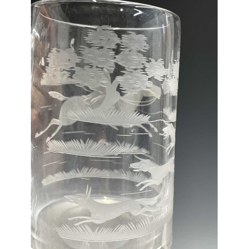 840 - A 19th century wine glass, the bowl acid etched with a cock-fighting scene, height 20cm, together wi... 