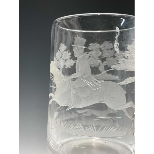 840 - A 19th century wine glass, the bowl acid etched with a cock-fighting scene, height 20cm, together wi... 