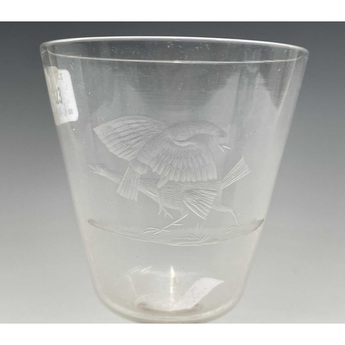 840 - A 19th century wine glass, the bowl acid etched with a cock-fighting scene, height 20cm, together wi... 