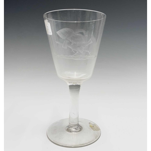 840 - A 19th century wine glass, the bowl acid etched with a cock-fighting scene, height 20cm, together wi... 