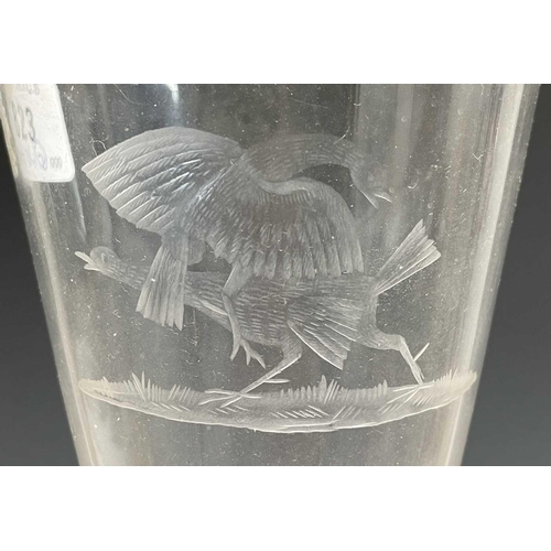 840 - A 19th century wine glass, the bowl acid etched with a cock-fighting scene, height 20cm, together wi... 