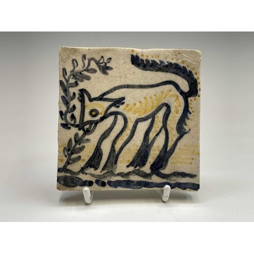 841 - A set of six studio pottery tiles, each hand painted with animal subjects, including a bird, a camel... 