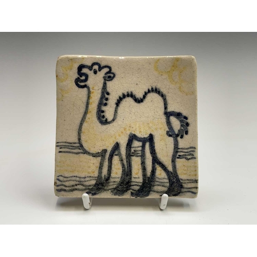 841 - A set of six studio pottery tiles, each hand painted with animal subjects, including a bird, a camel... 