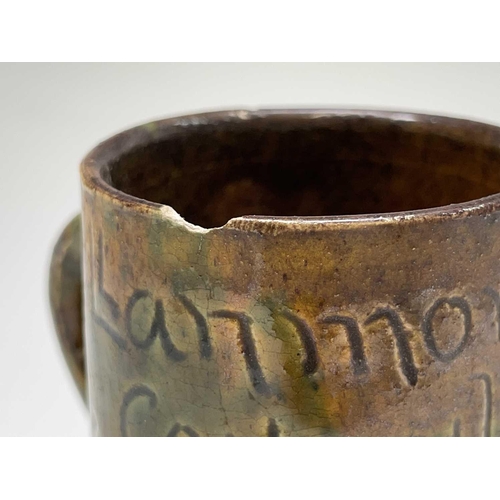 843 - A Ewenny pottery small mug, commemorating Llanmorlais Council School Victory Day June 8th 1946. Heig... 