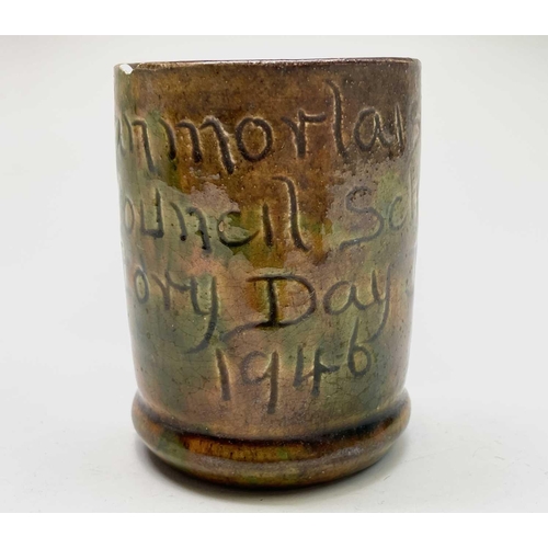 843 - A Ewenny pottery small mug, commemorating Llanmorlais Council School Victory Day June 8th 1946. Heig... 