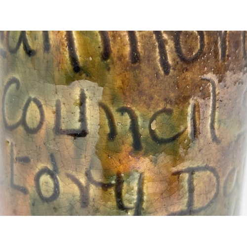 843 - A Ewenny pottery small mug, commemorating Llanmorlais Council School Victory Day June 8th 1946. Heig... 