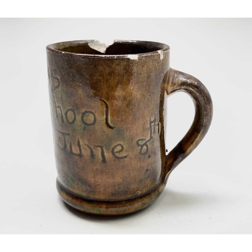 843 - A Ewenny pottery small mug, commemorating Llanmorlais Council School Victory Day June 8th 1946. Heig... 