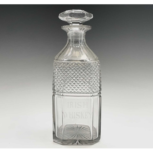 848 - An early 19th century square glass decanter with stopper, etched 'RUM', height 23cm, another decante... 