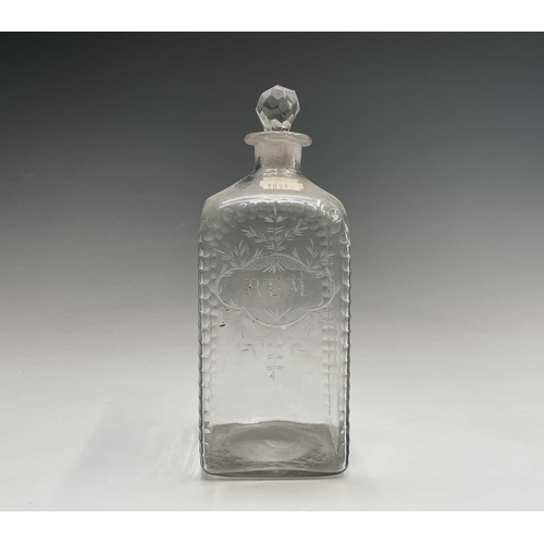 848 - An early 19th century square glass decanter with stopper, etched 'RUM', height 23cm, another decante... 