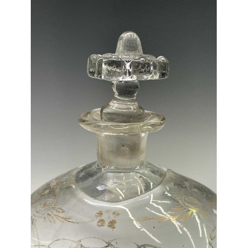 848 - An early 19th century square glass decanter with stopper, etched 'RUM', height 23cm, another decante... 