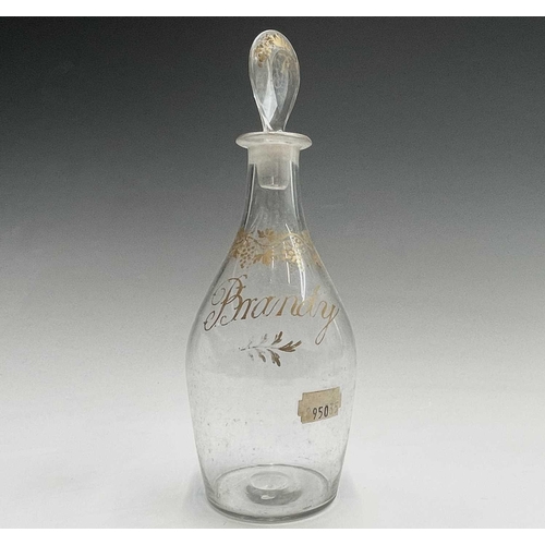 848 - An early 19th century square glass decanter with stopper, etched 'RUM', height 23cm, another decante... 