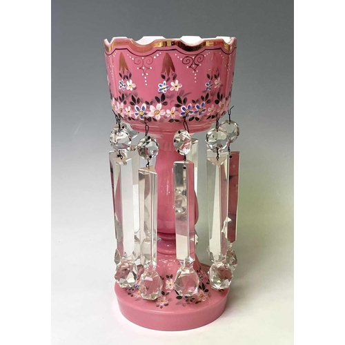 864 - A pair of Victorian pink opaque glass lustre vases, with floral enamel and gilt painted decoration, ... 