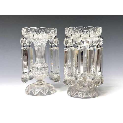 865 - A pair of cut glass lustre vases, circa 1900, the triangular section drops with faceted terminals, h... 