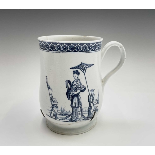 876 - An 18th century blue and white bell form mug, possibly Liverpool, printed to one side with an Orient... 