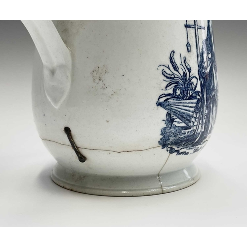 876 - An 18th century blue and white bell form mug, possibly Liverpool, printed to one side with an Orient... 