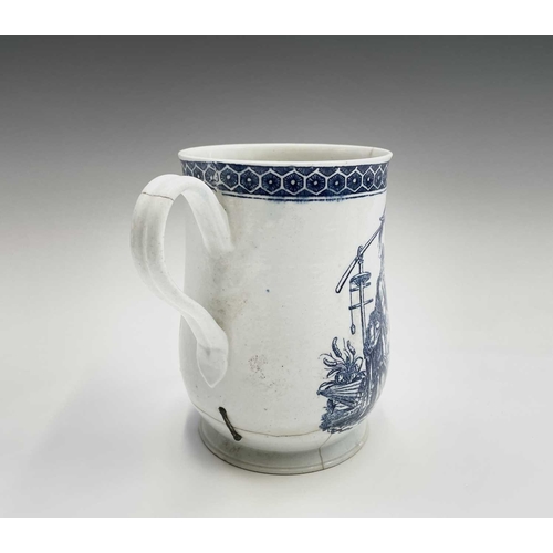 876 - An 18th century blue and white bell form mug, possibly Liverpool, printed to one side with an Orient... 