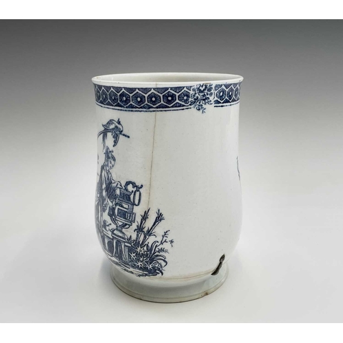 876 - An 18th century blue and white bell form mug, possibly Liverpool, printed to one side with an Orient... 