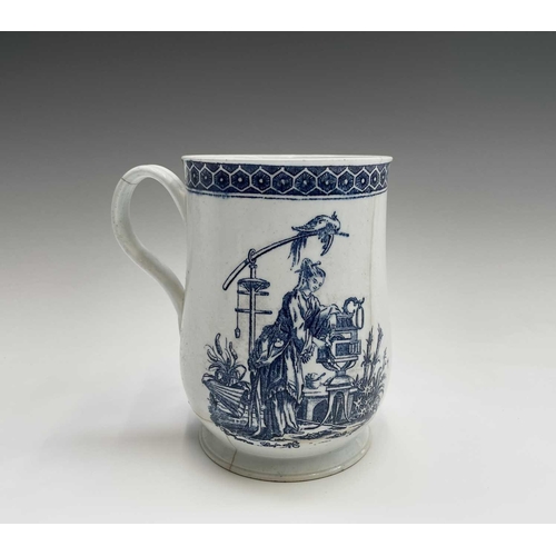 876 - An 18th century blue and white bell form mug, possibly Liverpool, printed to one side with an Orient... 