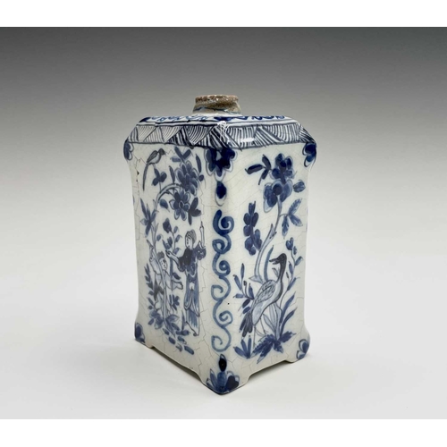 877 - A Dutch Delft tea caddy, 18th century, of rectangular section, painted in blue and white with Chines... 