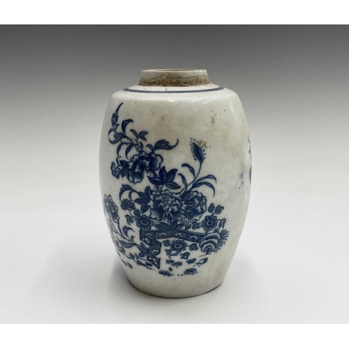 878 - A Caughley barrel form tea caddy, printed with a fenced garden pattern, height 11.5cm, together with... 