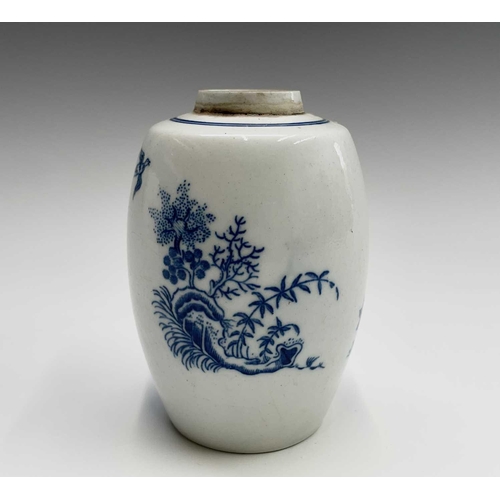 878 - A Caughley barrel form tea caddy, printed with a fenced garden pattern, height 11.5cm, together with... 