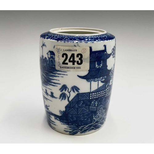 878 - A Caughley barrel form tea caddy, printed with a fenced garden pattern, height 11.5cm, together with... 