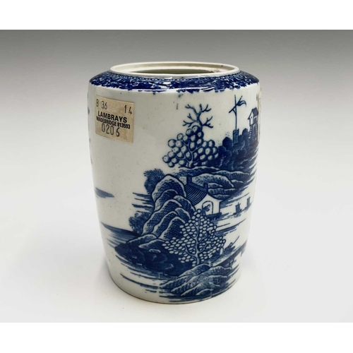 878 - A Caughley barrel form tea caddy, printed with a fenced garden pattern, height 11.5cm, together with... 