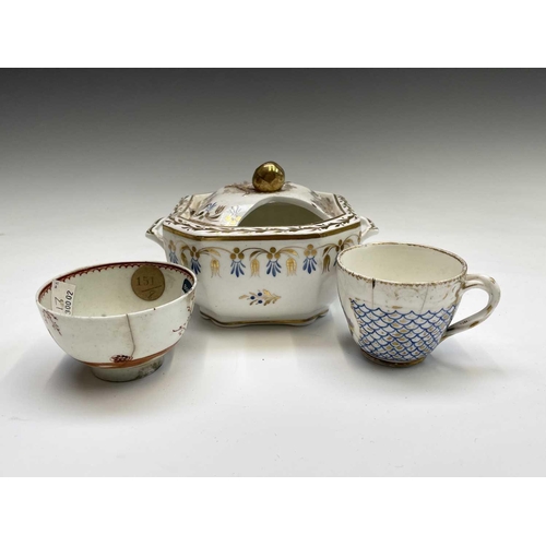 884 - A Newhall porcelain tea bowl and saucer, painted in the butterfly pattern, together with other porce... 