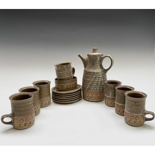 885 - A St Keyne pottery coffee set comprising coffee pot, milk jug, sugar bowl, six coffee mugs and six s... 