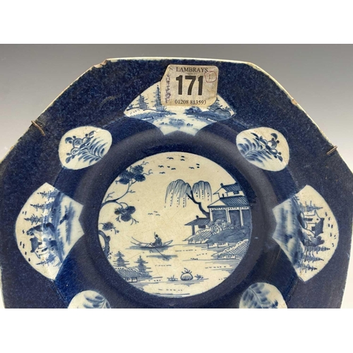 886 - A bow porcelain octagonal soup bowl, the powder blue ground painted with a central chinoiserie lands... 