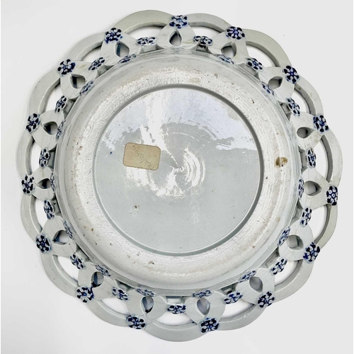 886 - A bow porcelain octagonal soup bowl, the powder blue ground painted with a central chinoiserie lands... 