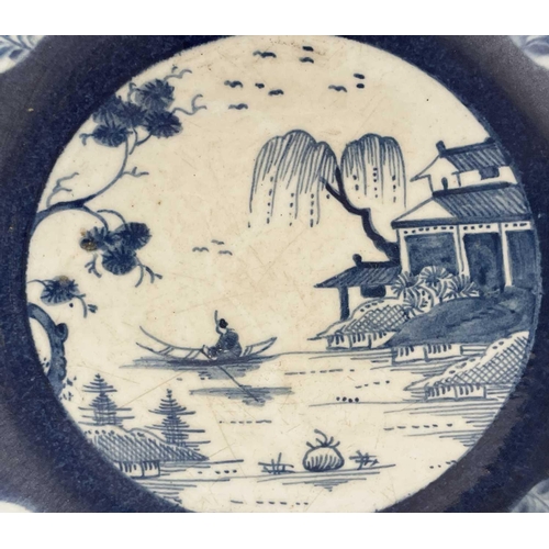 886 - A bow porcelain octagonal soup bowl, the powder blue ground painted with a central chinoiserie lands... 