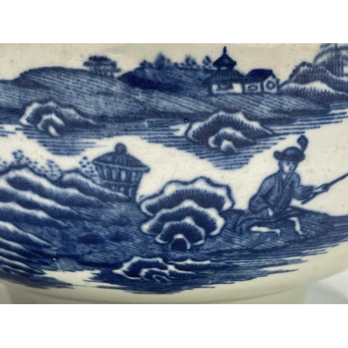 888 - A Caughley blue and white porcelain bowl, printed with the fisherman pattern, printed C mark, diamet... 